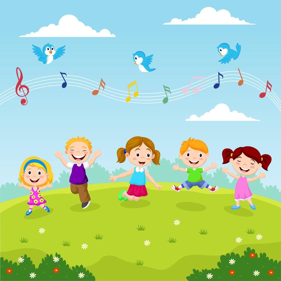 gelukkige kinderen springen en dansen samen in het park vector