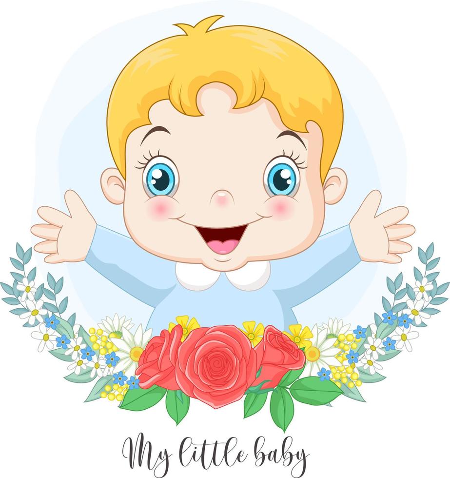 cartoon schattige kleine babyjongen met bloemen achtergrond vector