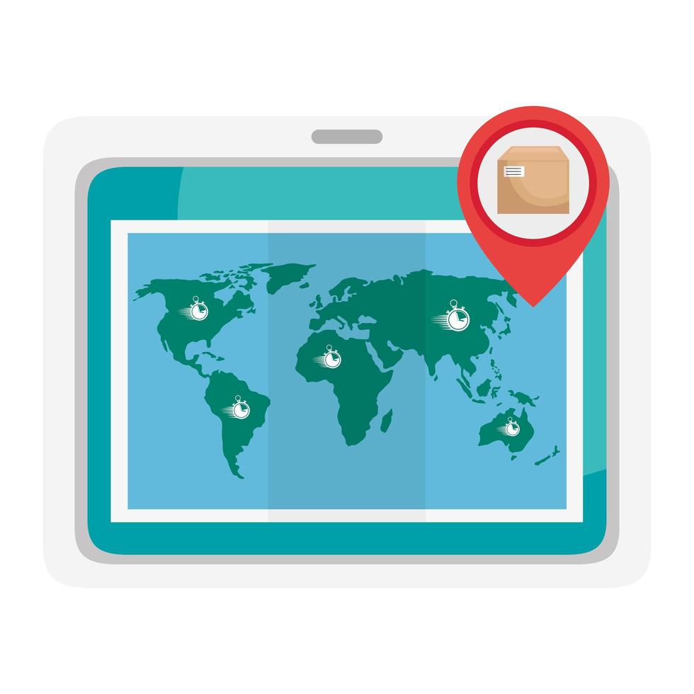 tablet met bezorg-app en wereldkaart vector