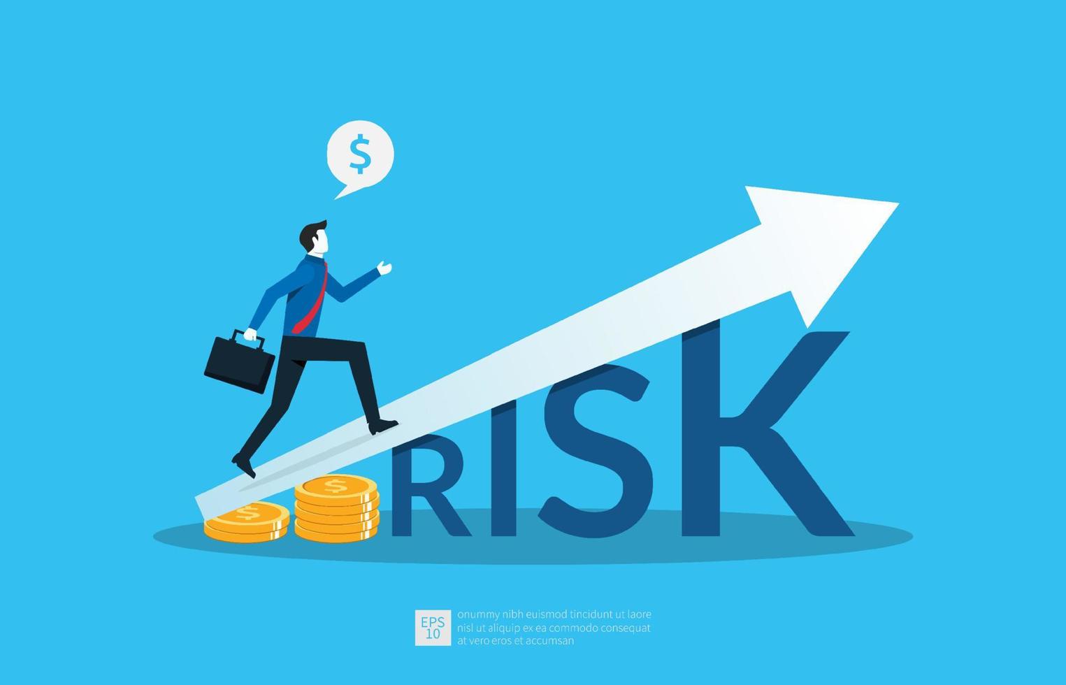 hoog risico hoog rendement concept. zelfverzekerde slimme zakenmaninvesteerder die op groeibeursgrafiek loopt boven woordrisico. vector
