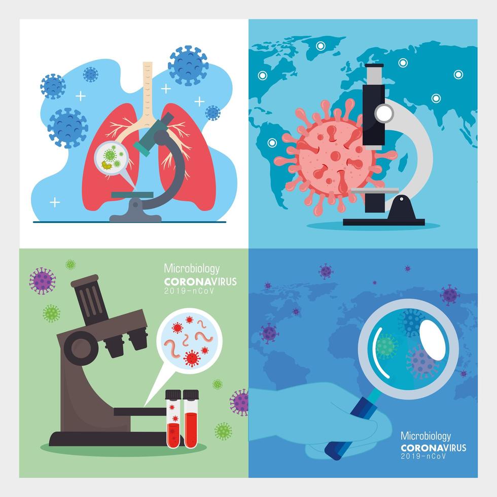 poster van microbiologie instellen voor covid 19 en medische pictogrammen vector