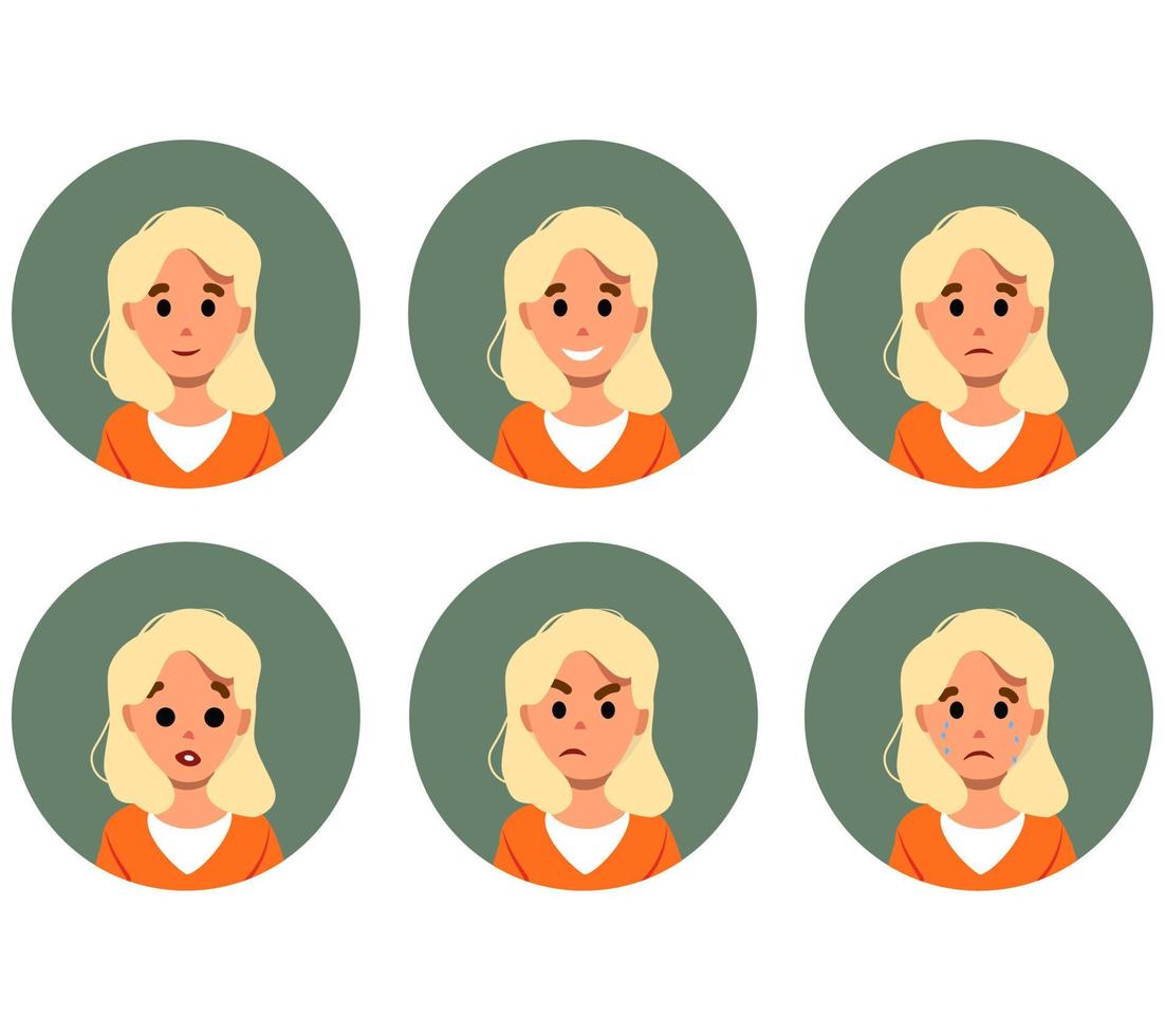 pictogrammenset avatar vrouw verschillende emoties verdrietig gelukkig boos huilen lachend gezicht cartoon vlakke afbeelding geïsoleerd op wit web interface-element vector