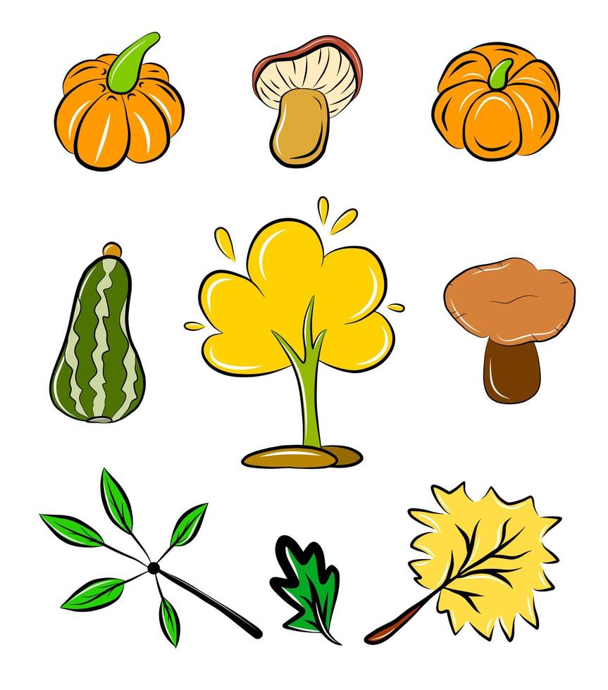 herfst seizoen collectie vector illustratie geïsoleerd op wit pictogram kleurrijke cartoon stickers pompoen en paddestoelen