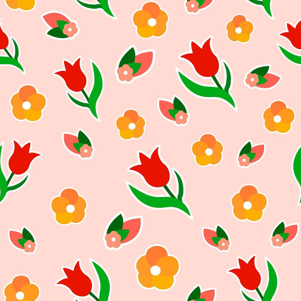 abstract bloemen achtergrond naadloos patroon rode tulp oranje bloem vlakke stijl illustratie kleurrijk behang vector