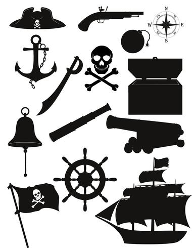 set van piraten pictogrammen zwart silhouet vectorillustratie vector