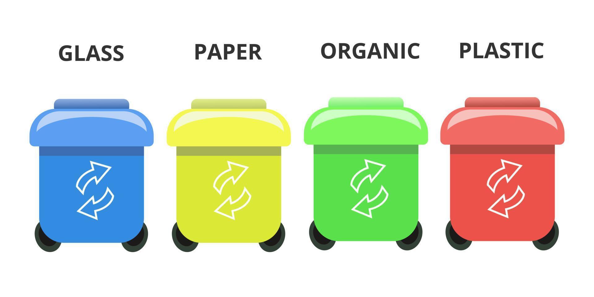 vuilnis sorteren container kan organisch plastic glas papier verschillende pictogrammenset kleurrijke illustratie concept vector