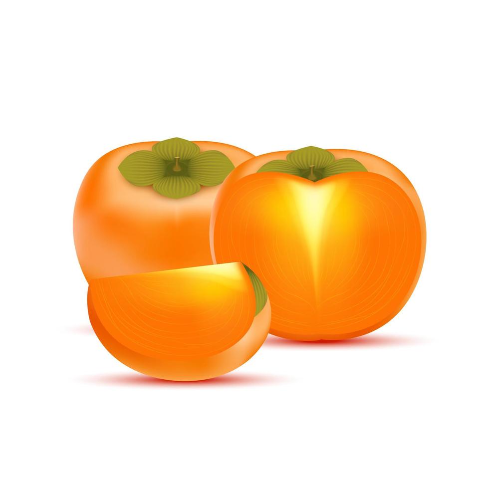 persimmon met persimmon plakjes. vitamines, gezond voedsel fruit. op een witte achtergrond. realistische 3D-vectorillustratie. vector