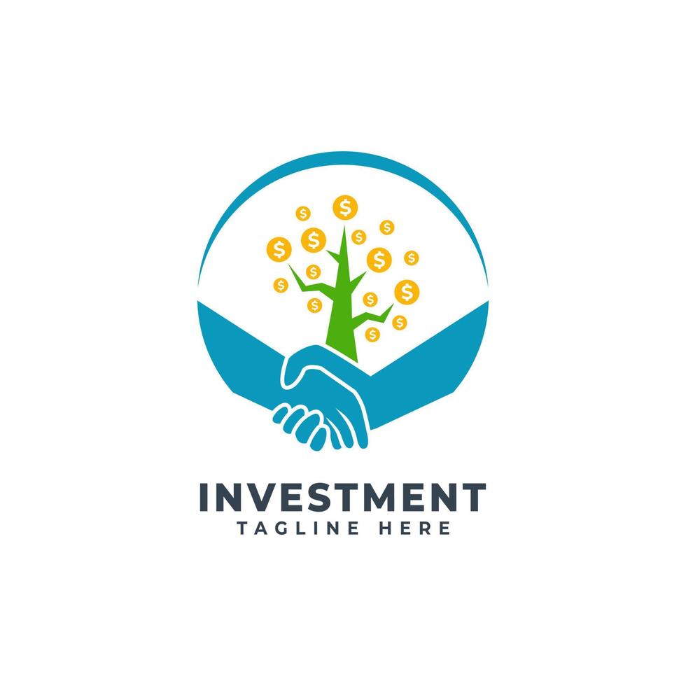 Financiën investeren investeringen bedrijfslogo sjabloon met handdruk en geldboom illustratie ontwerp vector