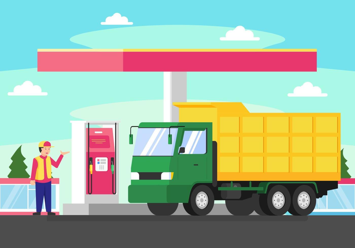 vectorillustratie tanken vrachtwagen op tankstation. man vult zijn vrachtwagen met brandstof voor een lange reis. groene en gele vrachtwagen bijvullen tot volle tank met diesel. vector
