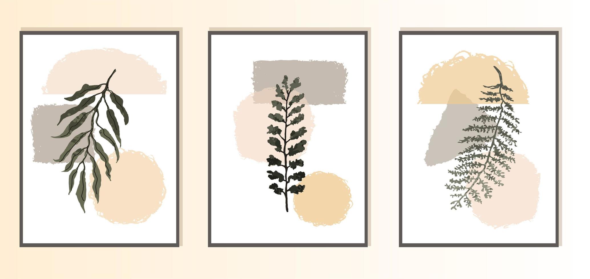 set met collage moderne poster met abstracte vormen en illustratie van plant vector