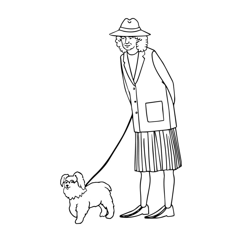 oude vrouw wandelen met hond vector