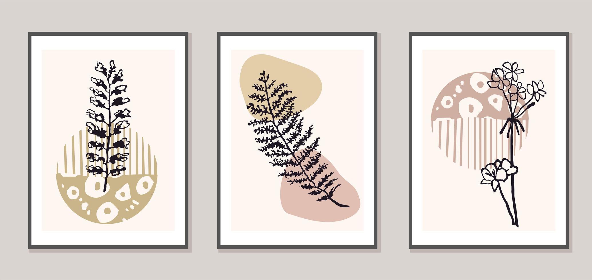 set met collage moderne poster met abstracte vormen en illustratie van plant vector