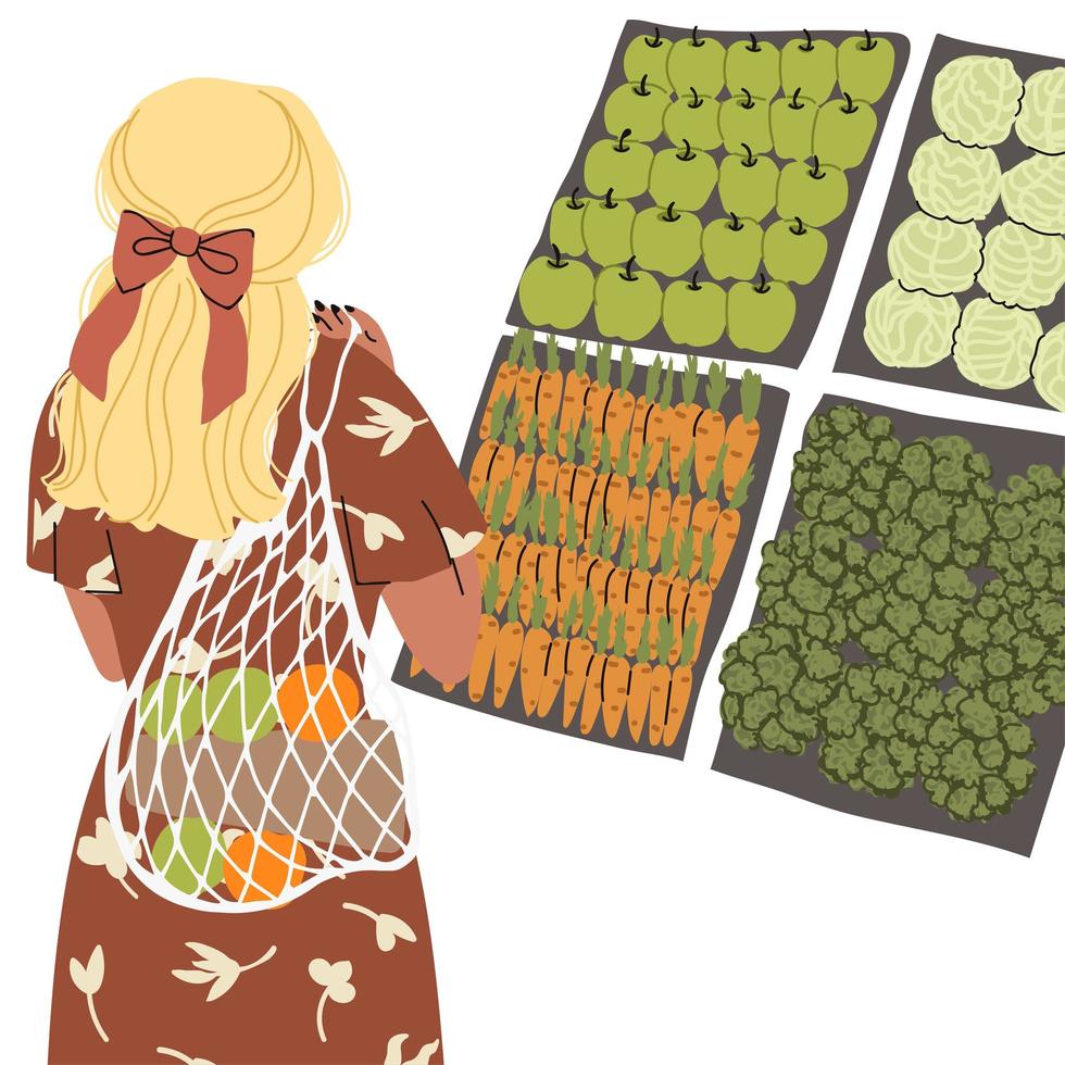 illustraties van schattig jong meisje met eco-tas eten kopen in een afvalvrije winkel vector