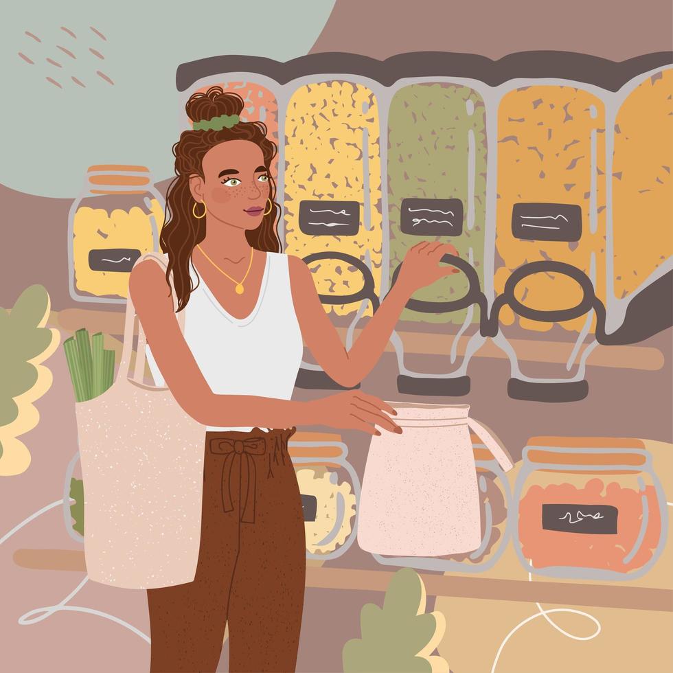 illustraties van schattig jong meisje met eco-tas eten kopen in een afvalvrije winkel vector