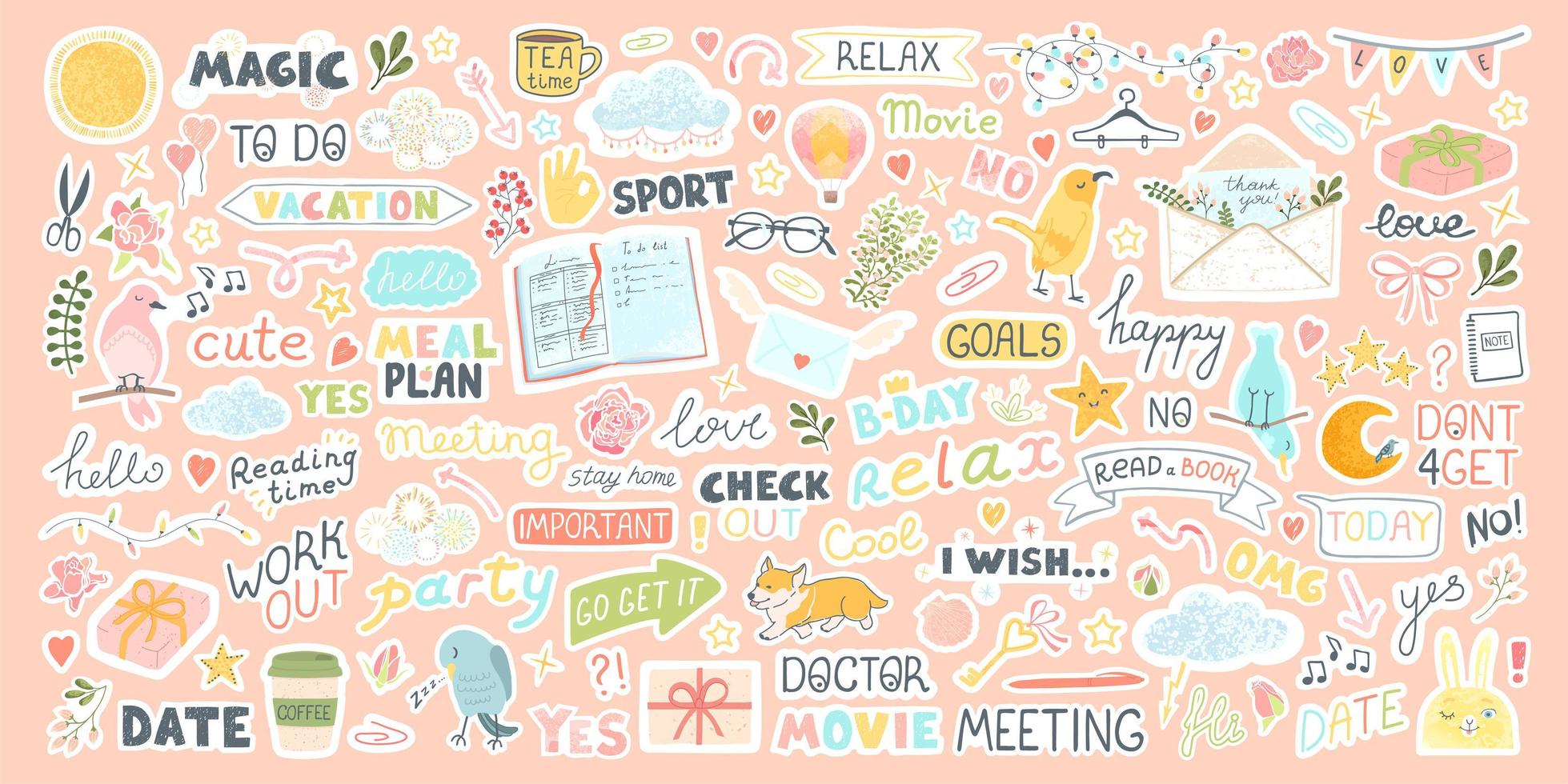 set met schattige stickers voor dagelijkse planner en planner vector