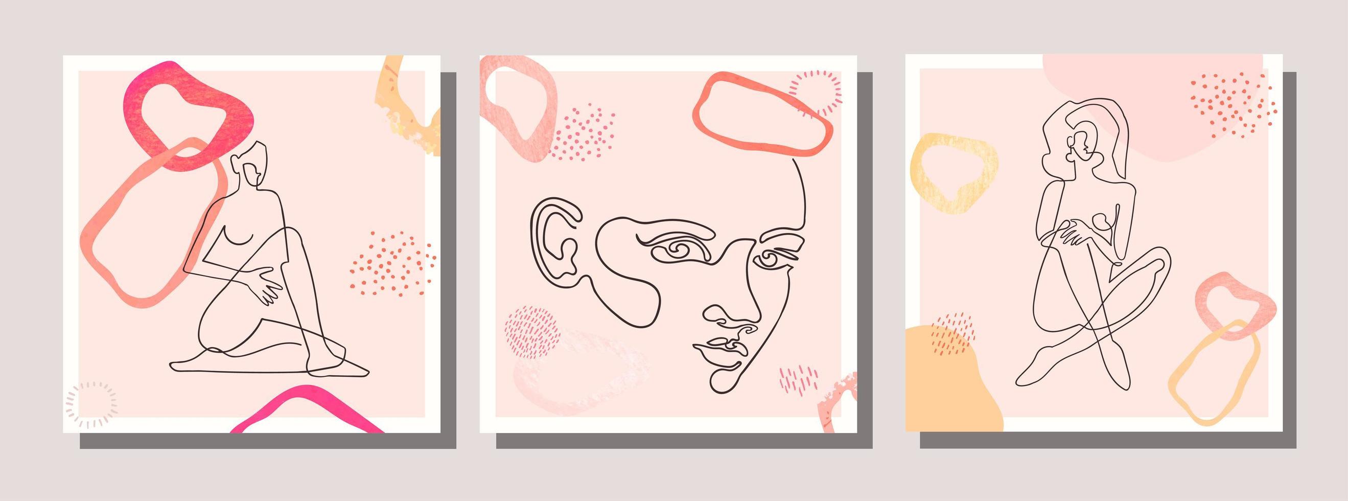 set met collage moderne poster met abstracte vormen en één lijn illustraties van vrouwenlichaam vector