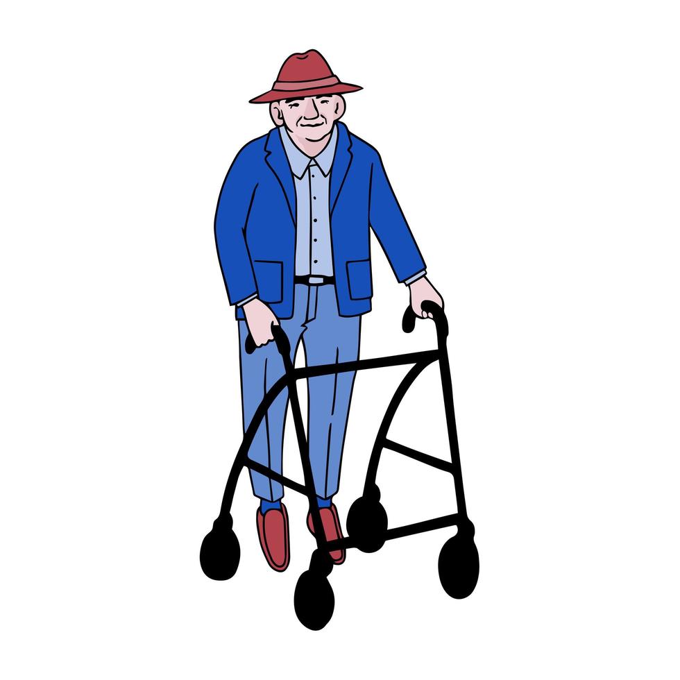 oude man loopt met rollator vector