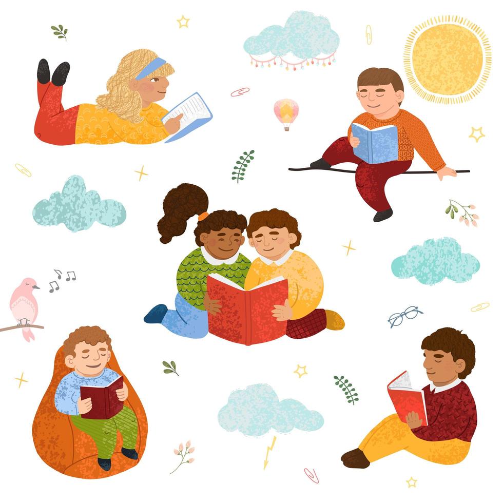 kleurrijke set schattige kinderen lezen boeken vector