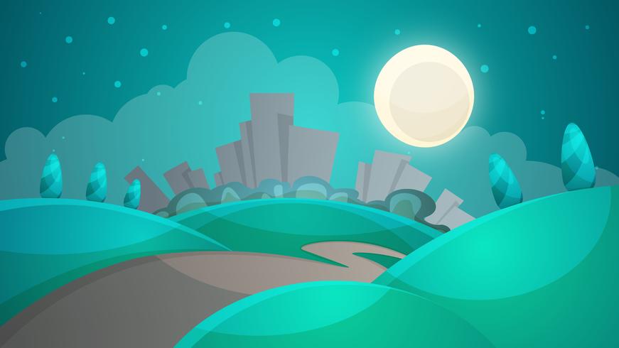 Cartoon nacht landschap. Stad, maan, boom, wegillustratie. ve vector