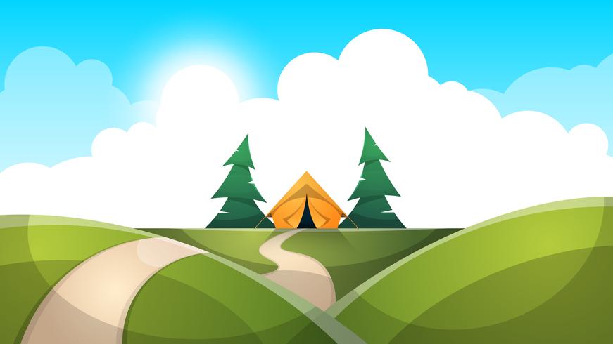 Cartoon landschap. Tent, zon, spar, wolk, wegillustratie. vector