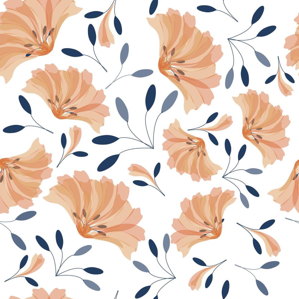 bloemen naadloos patroon voor vakantiedecoratie. roze bloemen en blauwe bladeren en twijgen op een witte achtergrond voor textielontwerp. modern omslagontwerp. bruiloft bloem decoratie. oppervlakte ontwerp. vector