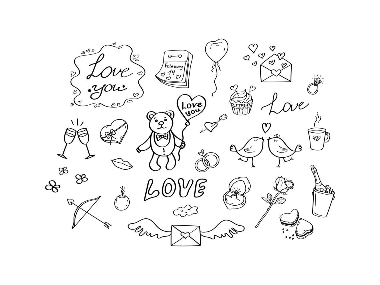 Valentijnsdag doodle set. collectie handgetekende vectorelementen voor bruiloft of Valentijnsdag ontwerp. harten, beer, roos, trouwring en andere romantische elementen. zwarte omtrek geïsoleerd. vector
