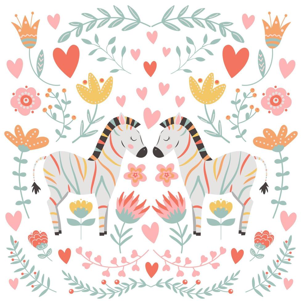 schattige zebra's met kleurrijke strepen, omringd door bloemen en harten. Valentijnsdag concept, wenskaart. vector