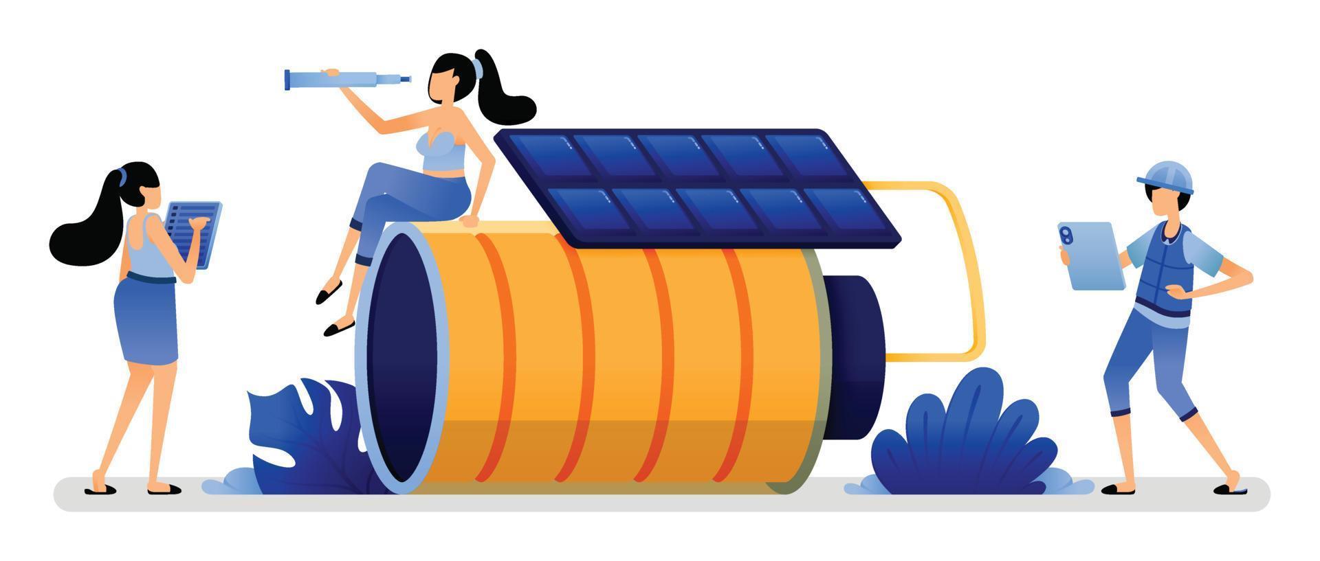 vectorillustratie van lithiumbatterij met milieuvriendelijke nikkeltechnologie belast met zonnepanelen om de energieduurzaamheid te behouden. kan gebruiken voor webwebsite-apps poster banner flyer vector