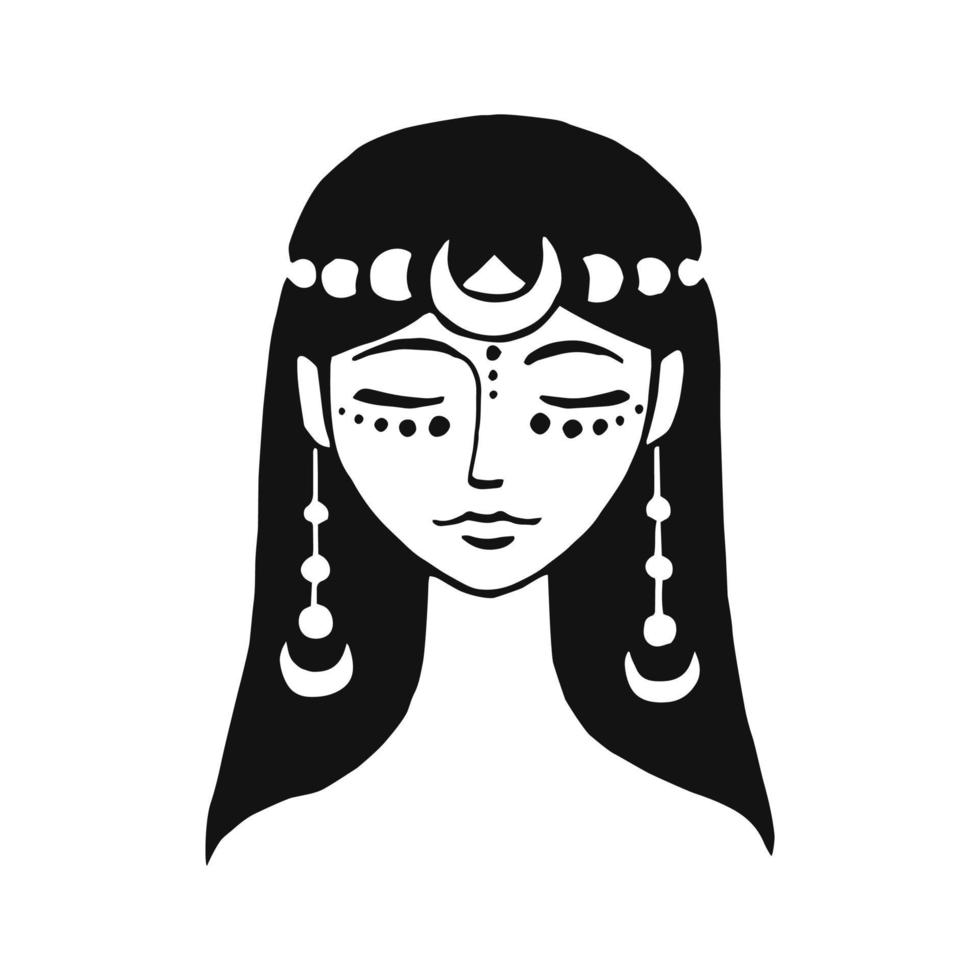 jong mooi meisje met lang haar. esoterisch symbool van een vrouw, maan. vectorillustratie geïsoleerd op een witte achtergrond vector