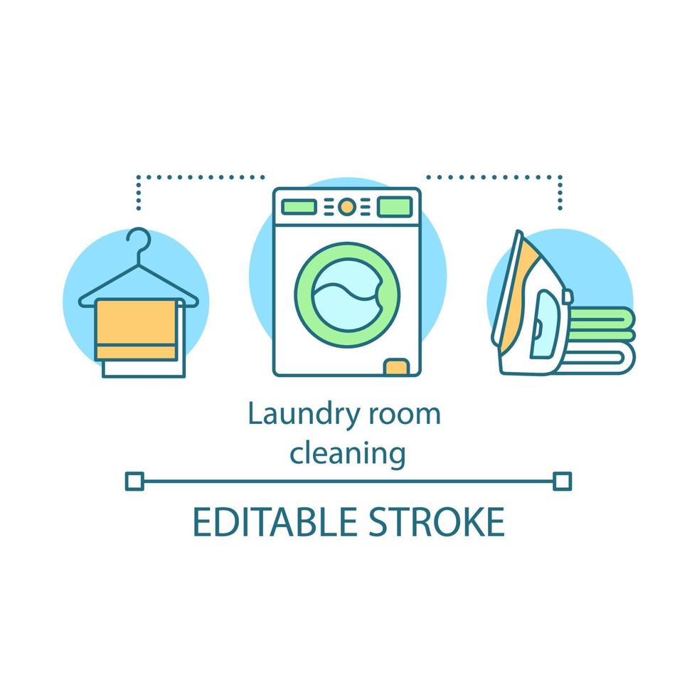 wasruimte schoonmaak concept icoon. huis opruimen idee dunne lijn illustratie. strijken. artikelen ordenen. het opruimen van de bovenkant van de wasmachine en droger. vector geïsoleerde overzichtstekening. bewerkbare streek