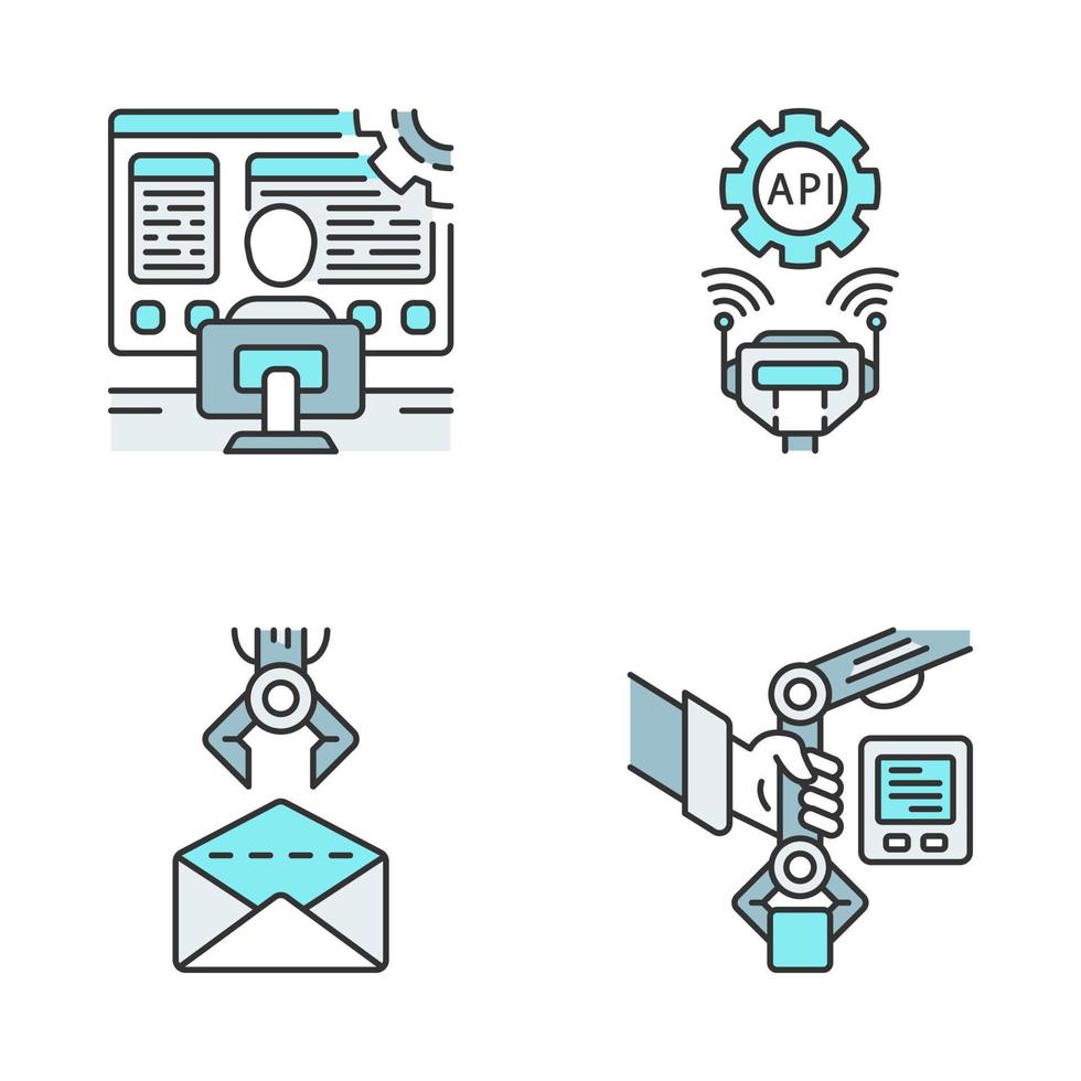 rpa gekleurde pictogrammen instellen. robotachtige procesautomatisering. programmeren en robots gebruiken. softwareontwikkelaar, api-verbinding, e-mail, pbd. workflows automatiseren. geïsoleerde vectorillustraties vector