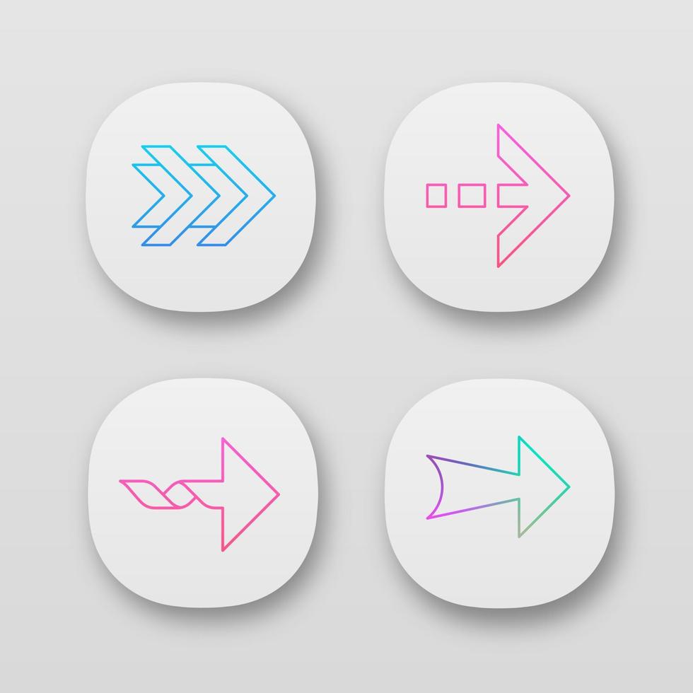 pijlen app pictogrammen instellen. dubbele, gestippelde, gedraaide, brede volgende pijlen. pijlpunt die de juiste richting aangeeft. wijzend symbool. indicator. web- of mobiele applicaties. geïsoleerde vectorillustraties vector