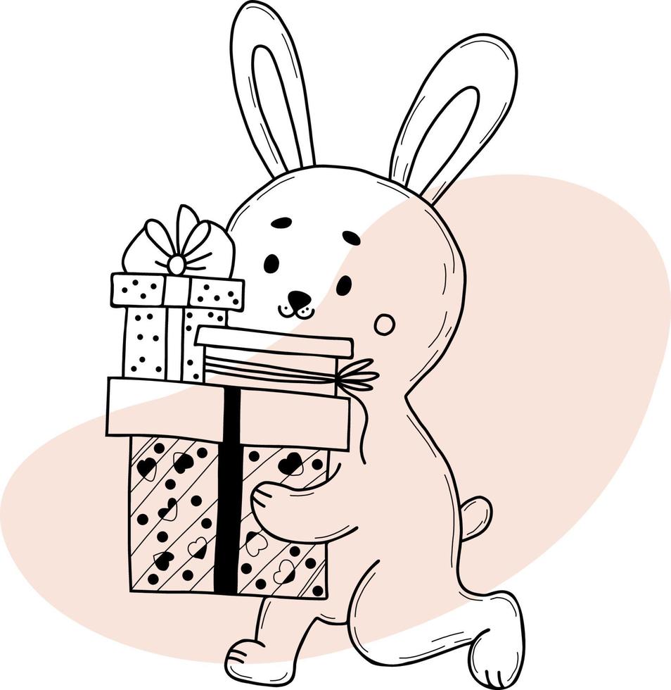 schattig konijntje met geschenken en dozen. vectorillustratie. wenskaart in lineaire doodle stijl. grappig dier voor ontwerp en decoratie vector
