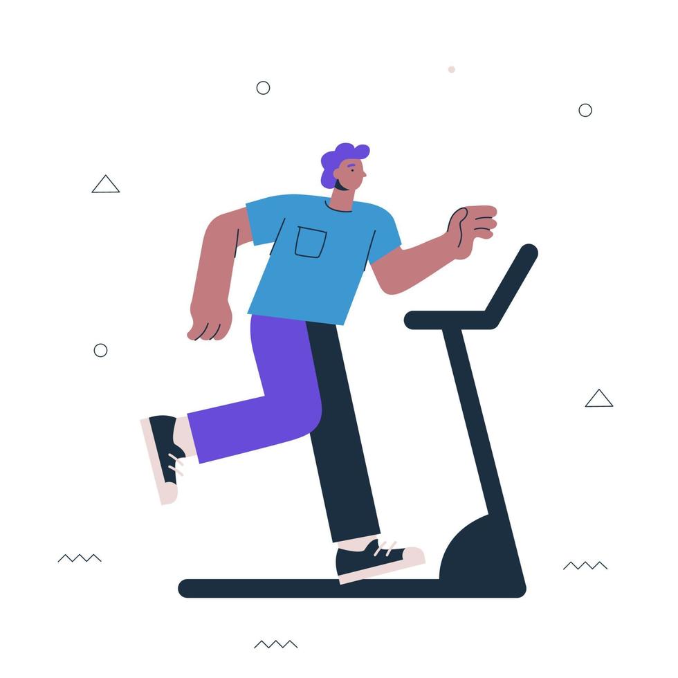 hipster man draait op de loopband. jonge man sportschool oefening. mannelijke persoon cardio-run. gezonde actieve levensstijl en sport creatief concept. vector eps illustratie