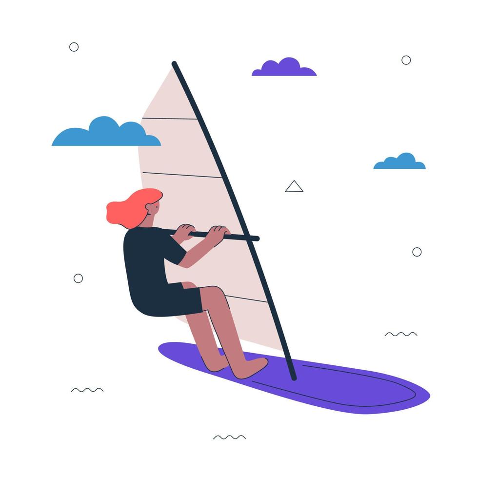 hipster meisje windsurfer. jonge vrouw op windsurf. gezonde actieve levensstijl en extreem windsurfen sport creatief concept. vrouwelijke persoon windsurfen. surfer vector eps kunst illustratie