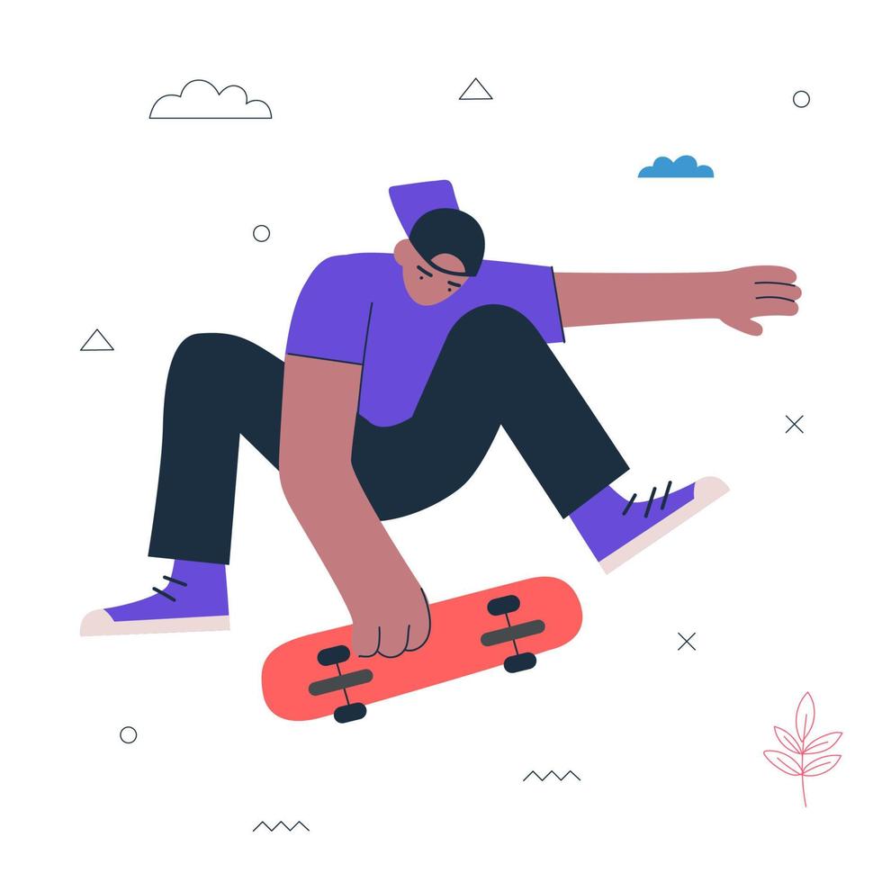 hipster kerel skateboard truc. jonge man skateboarder sprong. gezonde actieve levensstijl en creatief concept voor extreme sporten. mannelijke persoon op skate board. skateboarden vector eps kunst illustratie