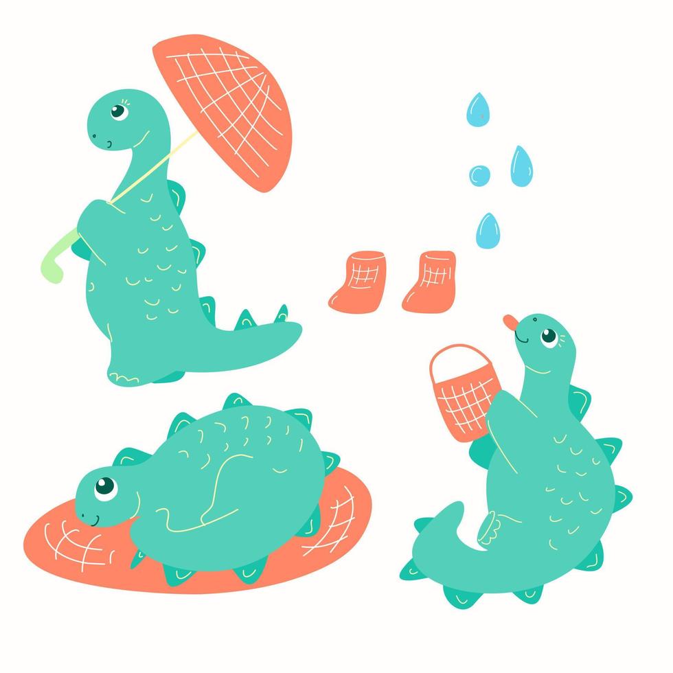 groene dinosaurussen en regendruppels en paraplu. vector