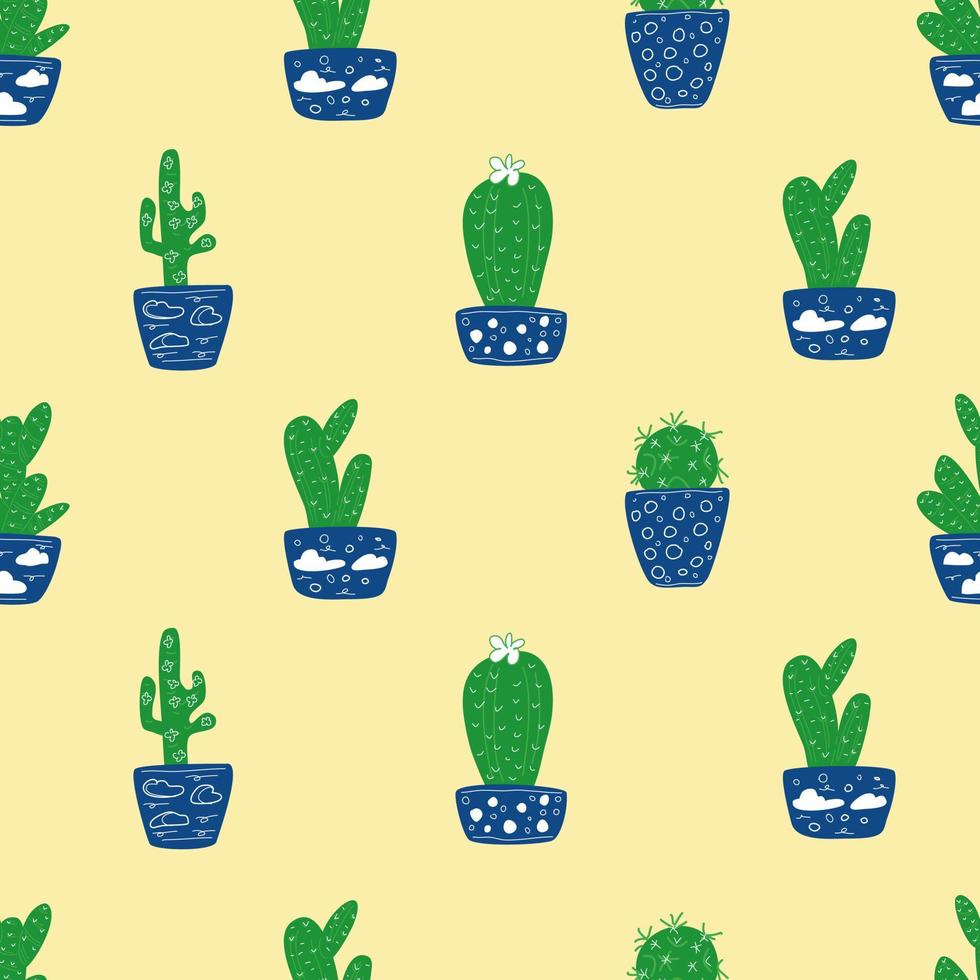 cactussen in blauwe potten op een zanderige achtergrond. vector