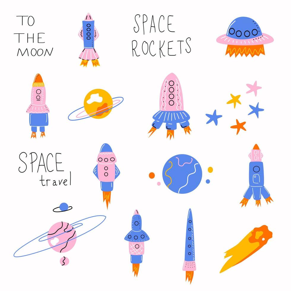 een kinderset van ruimteraketten en planeten en sterren. in roze en blauw. vector