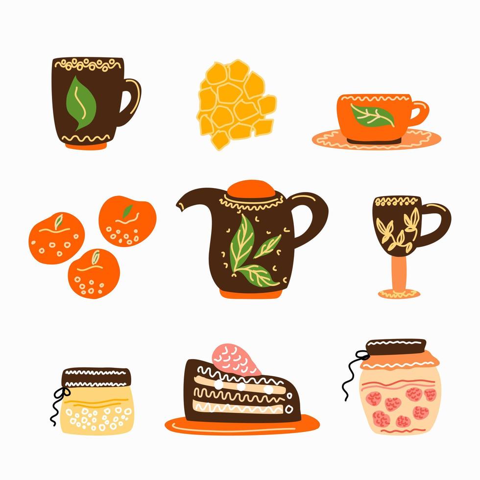 een set kopjes en herfstvoedselcakes en fruit. vector