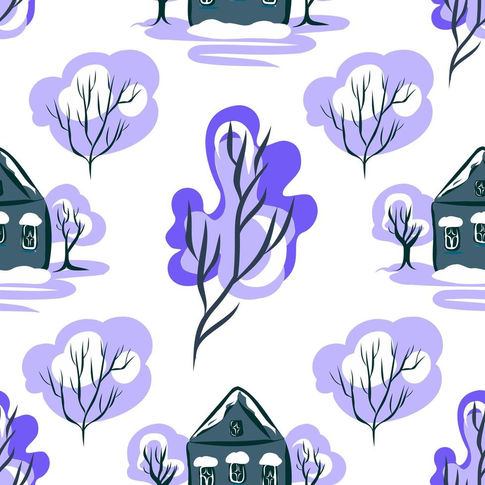 naadloos patroon met winterhuizen en bomen. vector