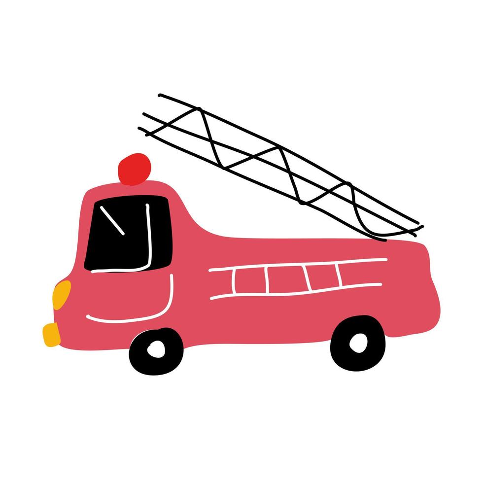 een brandweerwagen getekend voor kinderen in de stijl van een doodle. vector