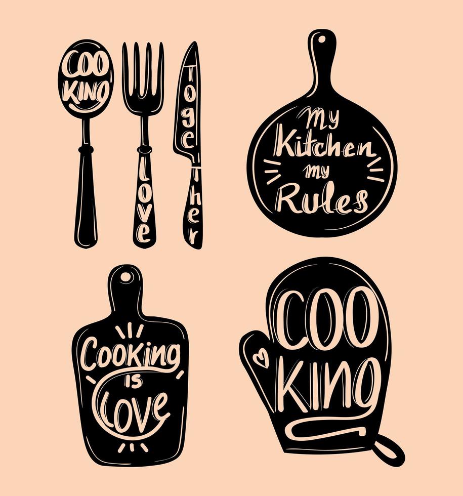 eten en koken vier labels vector