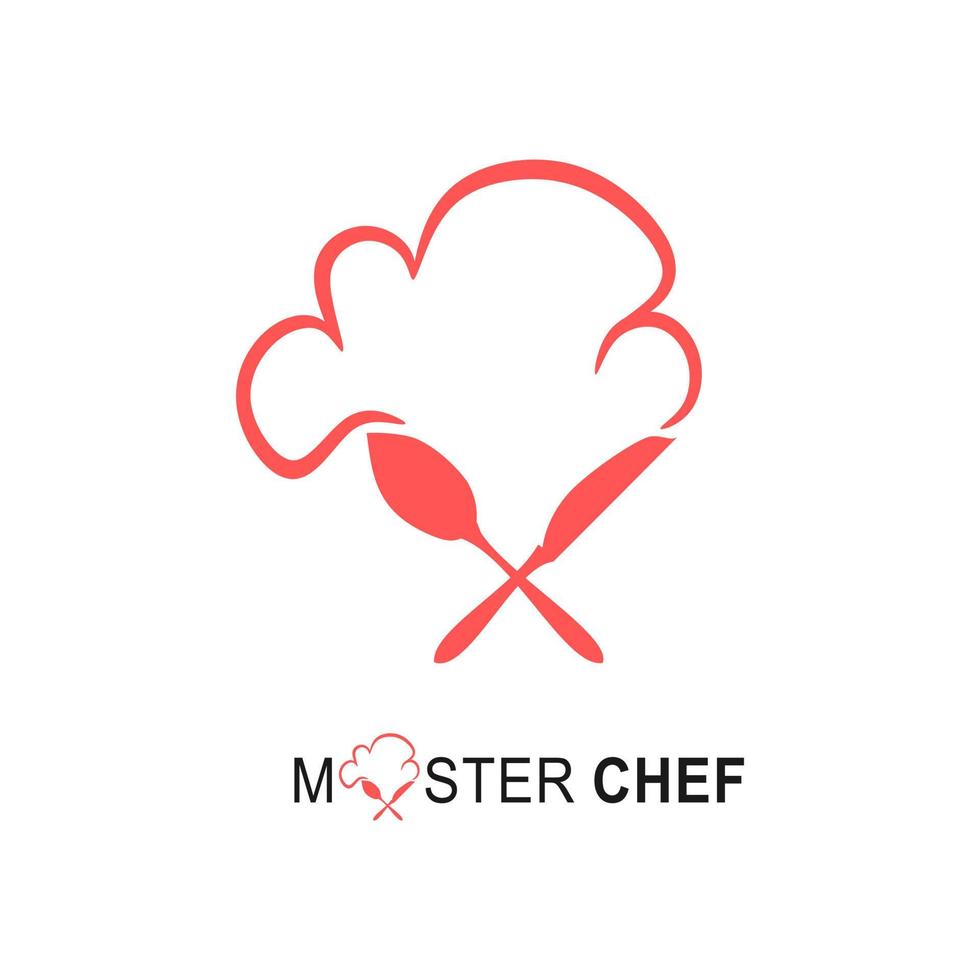 chef hoed logo voor restaurant, café en bedrijf. vector voor voedselpictogram, kookhoed, keuken. chef-kok logo-ontwerp met lepel en mes. masterchef-logo voor bistro, kookelement en voedseletiket.