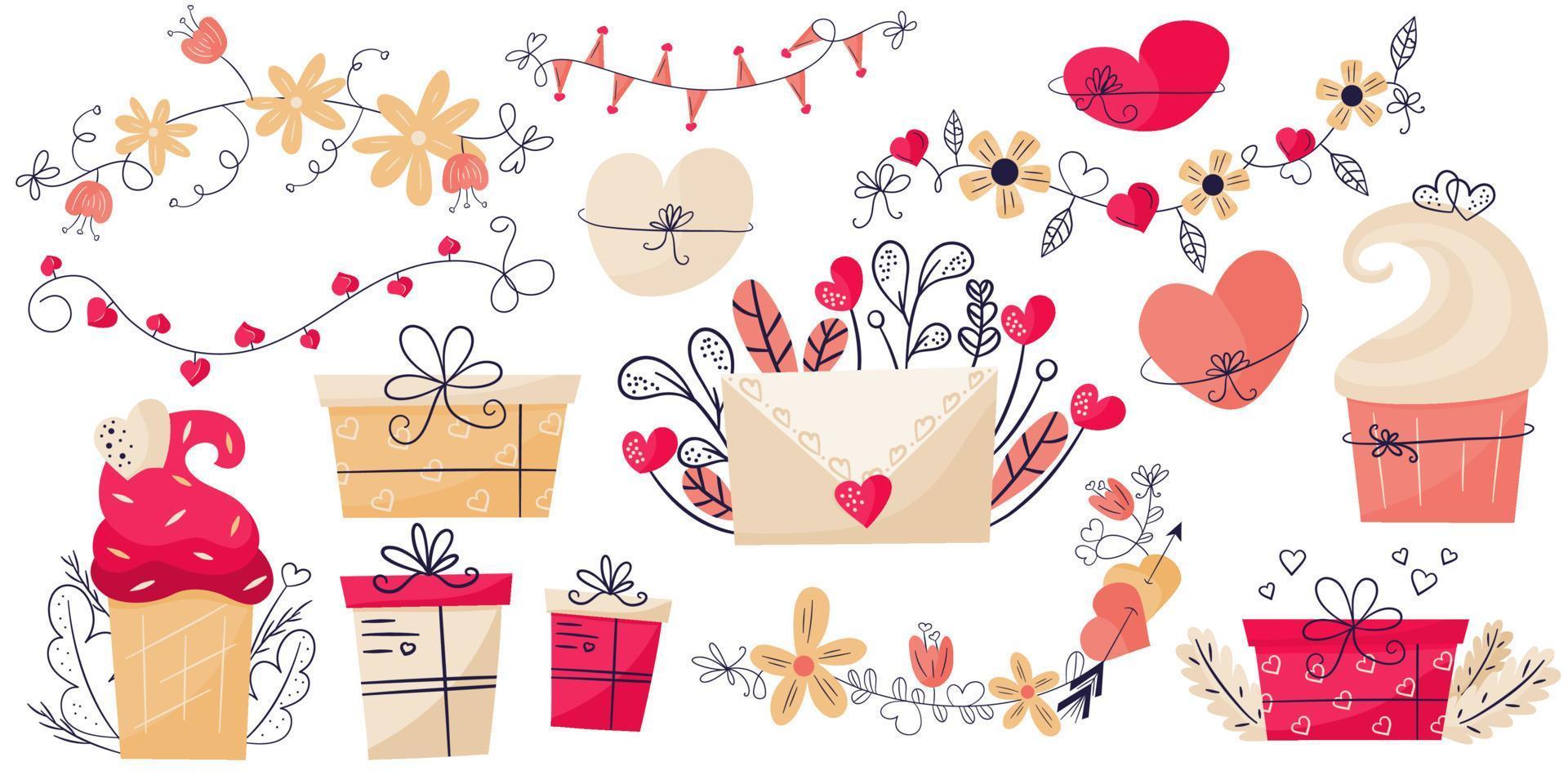 set voor Valentijnsdag romantische liefde clipart met cupcakes, harten en slingers. roze dozen geschenken, een envelop met hartjes en bladeren. vectorillustratie in platte handstijl. vector