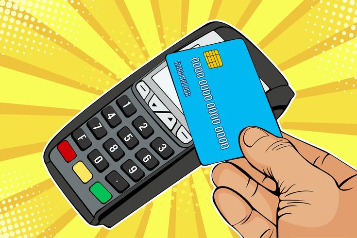 Betaalautomaat, betaalautomaat met creditcard. Contactloze betaling met NFC-technologie. Kleurrijke vectorillustratie in pop-art retro komische stijl vector