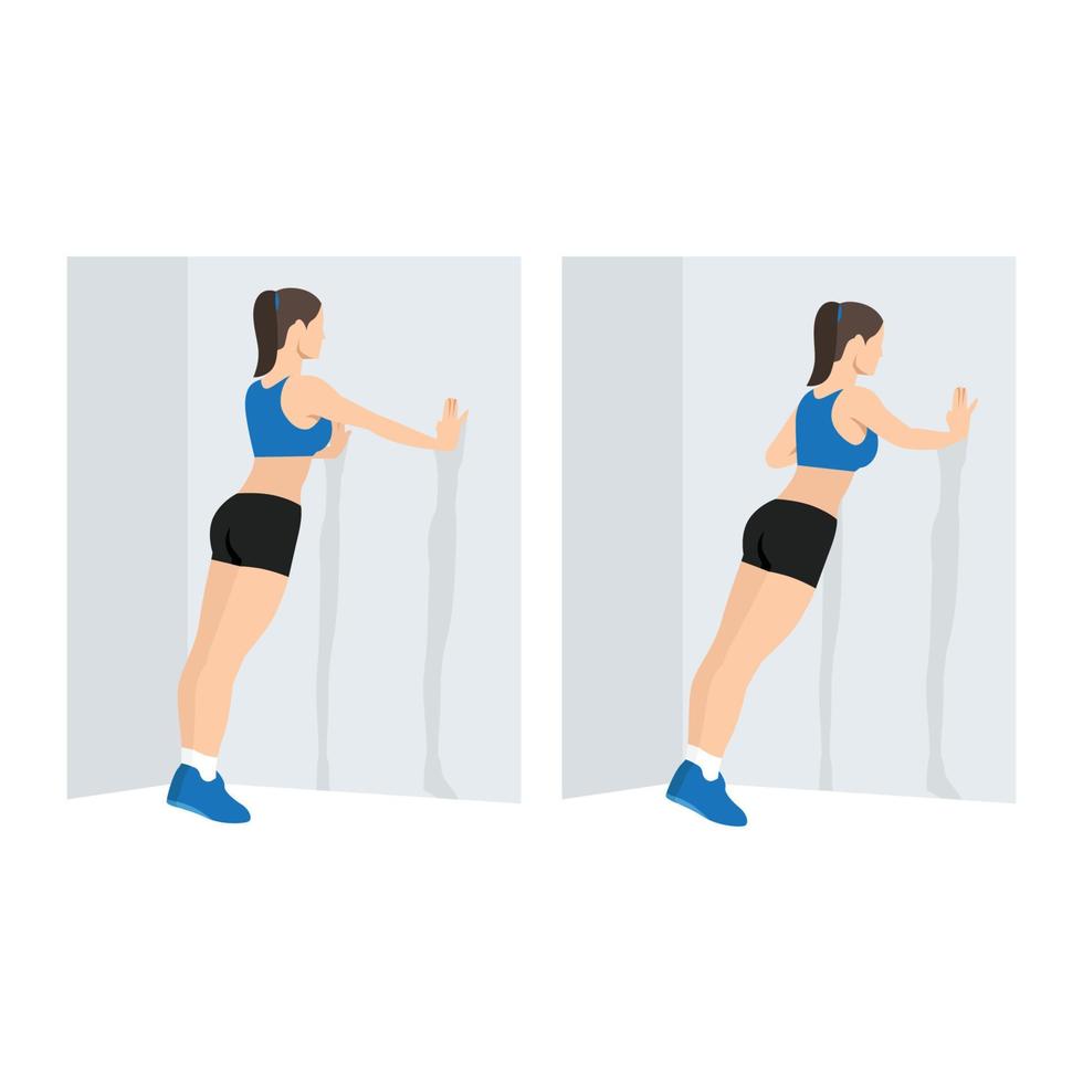 vrouw doet muur push-up. staande push-up oefening. platte vectorillustratie geïsoleerd op een witte achtergrond. tekenset voor training vector