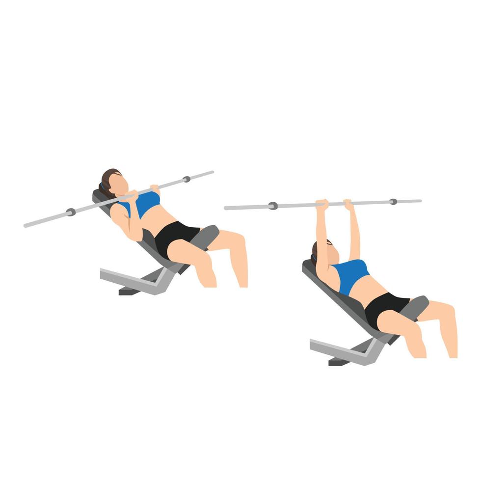 vrouw doet helling close grip barbell bankdrukken oefening. platte vectorillustratie geïsoleerd op een witte achtergrond. training karakter vector