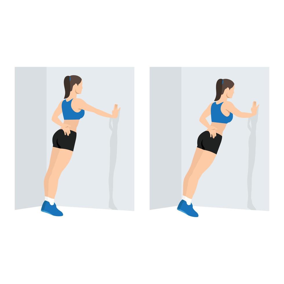 vrouw doet muur push-up. staande push-up oefening vector