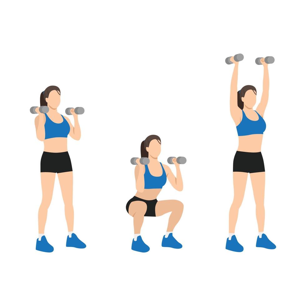 vrouw doet dumbbell stuwraketten. squat naar overhead press oefening. vector